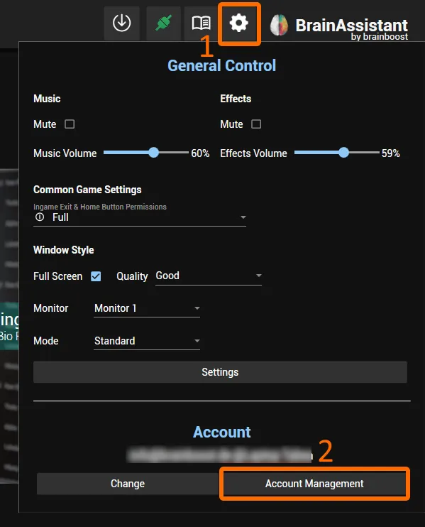 Settings popup with the Account Management button