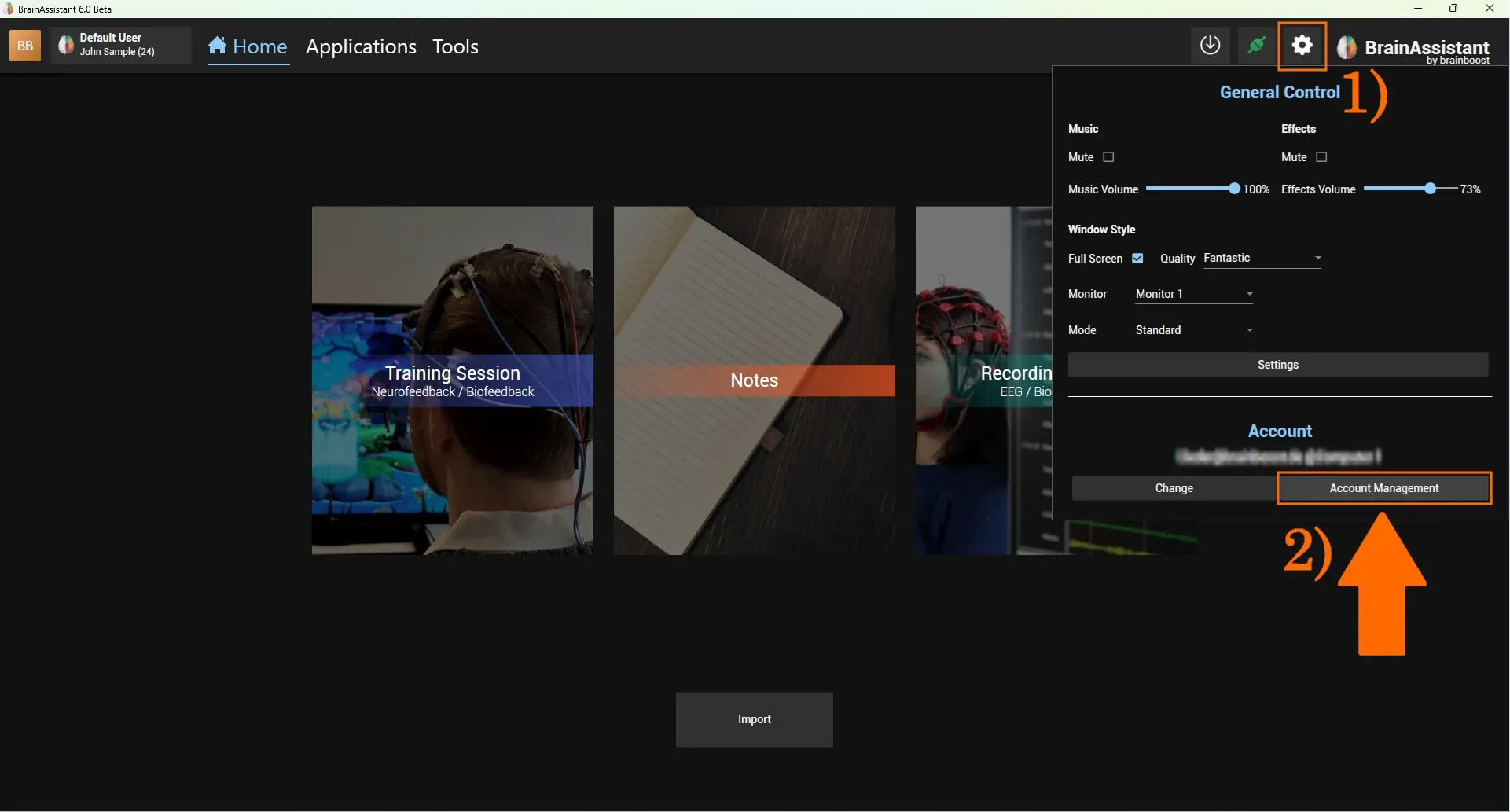 Settings popup with the Account Management button