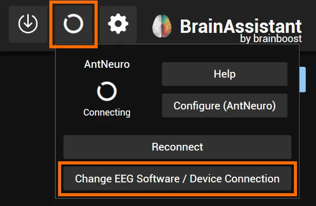 Connection popup with Change EEG Software / Device Connection