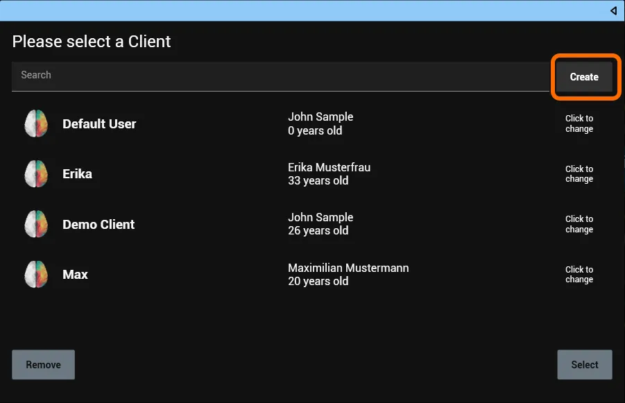 Create button in the client selection