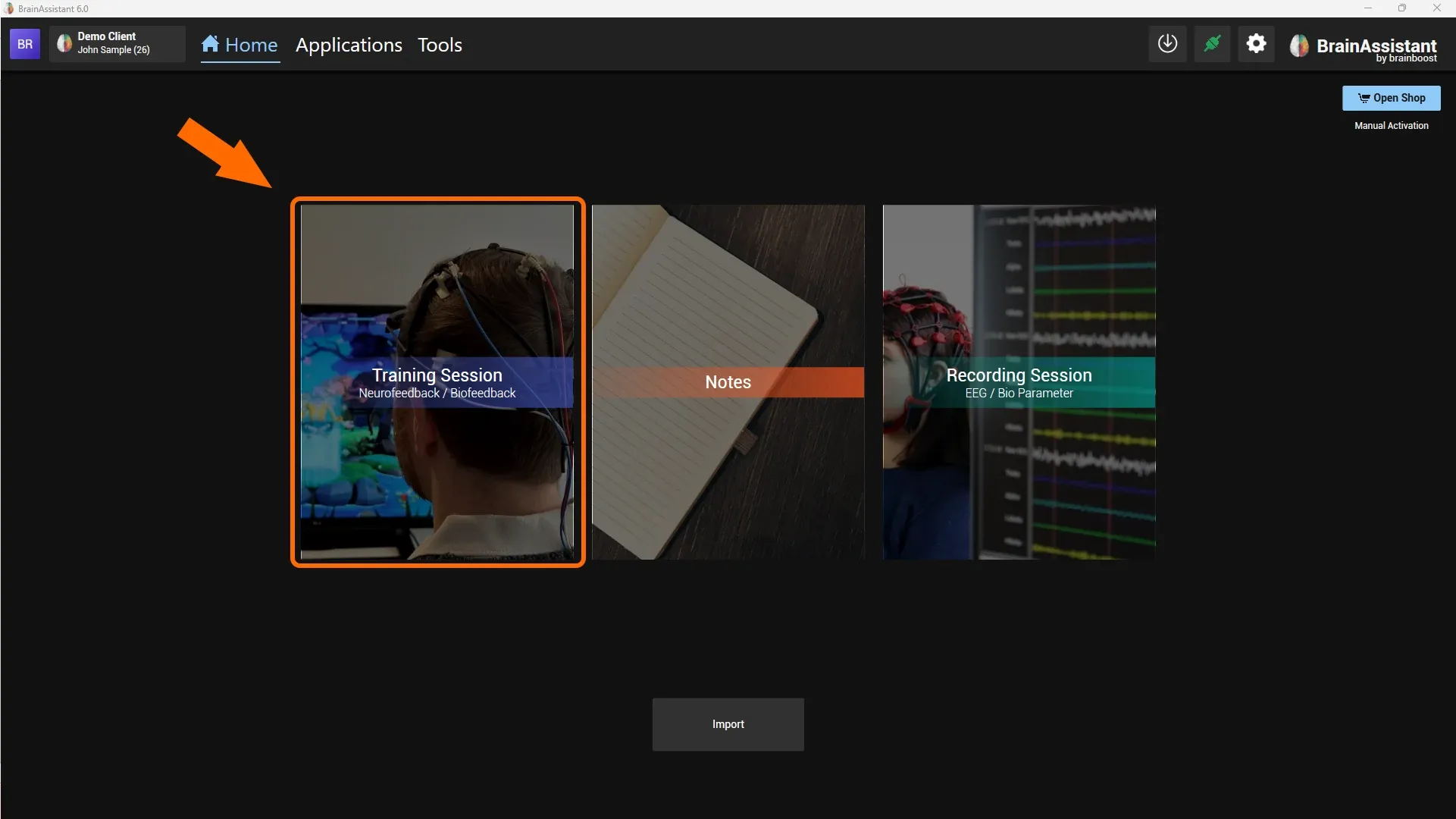 Home page with the Training Session button