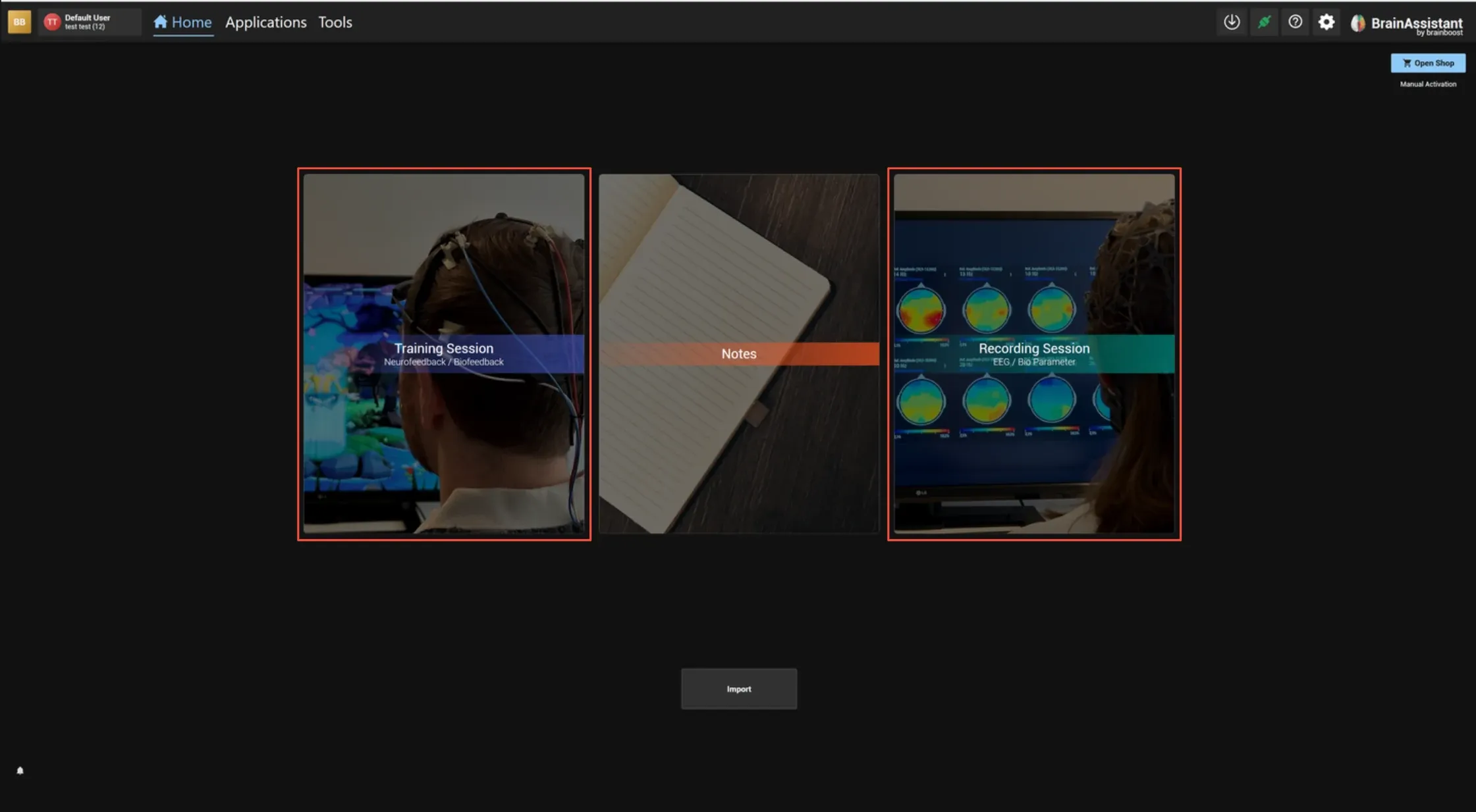 Home page with the Training Session and Recording Session buttons