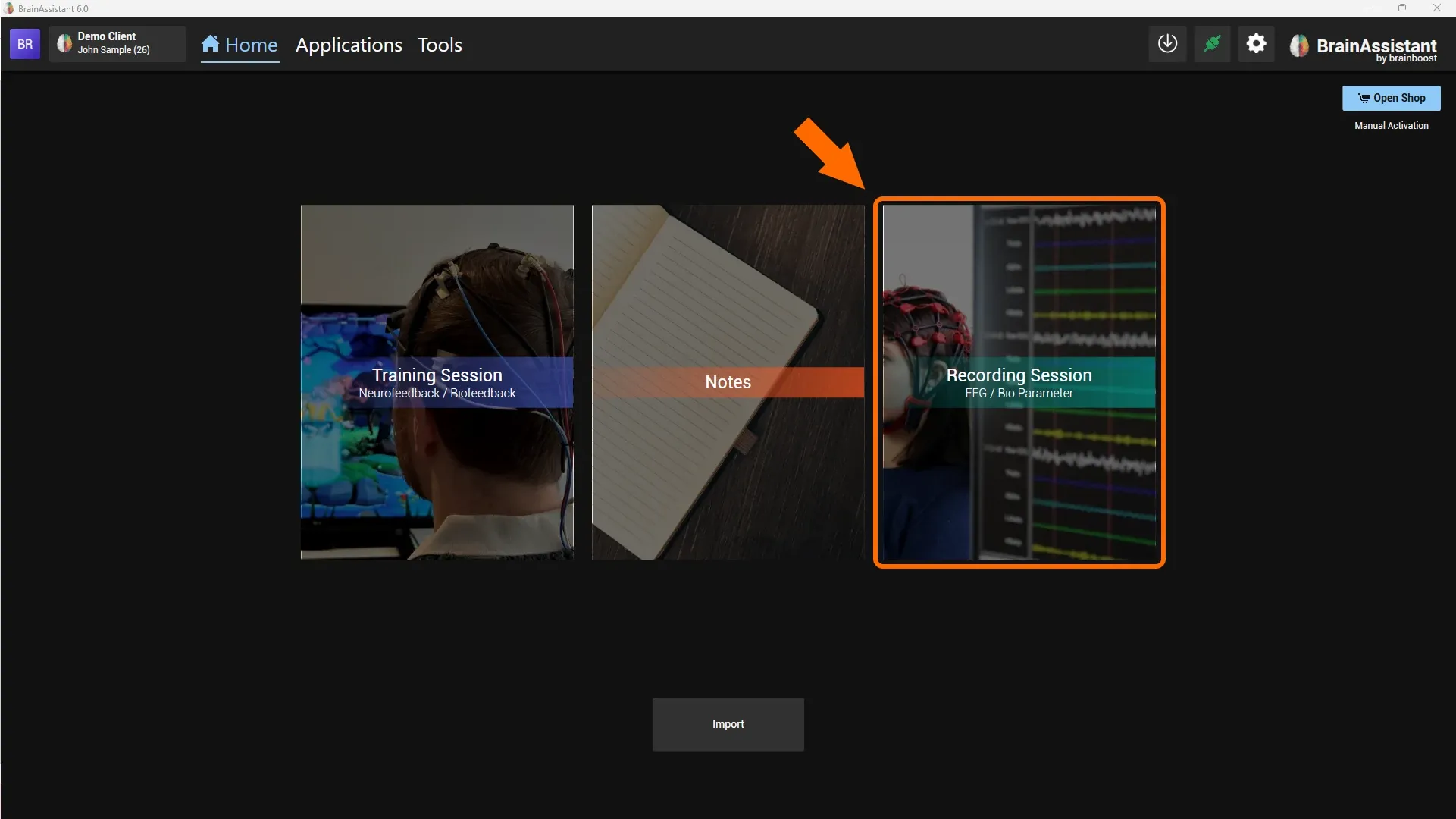 Home page with the Recording Session button
