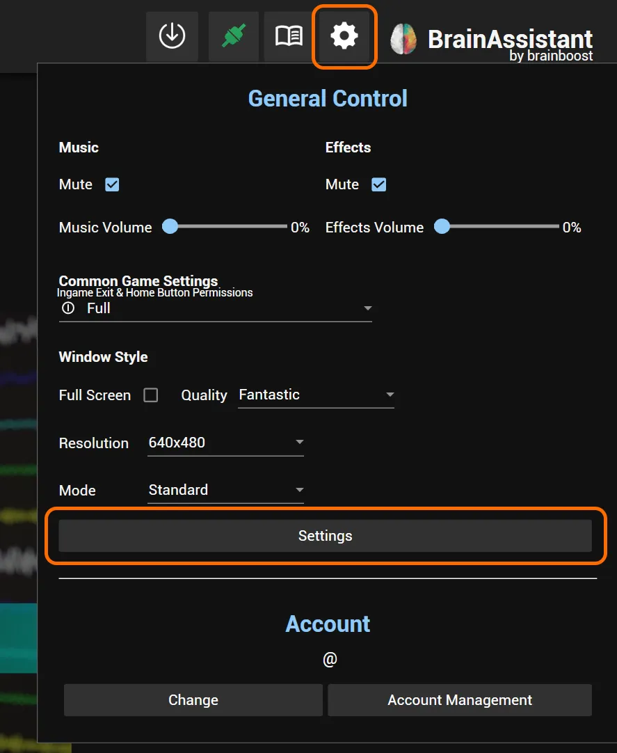 Gear menu with Settings
