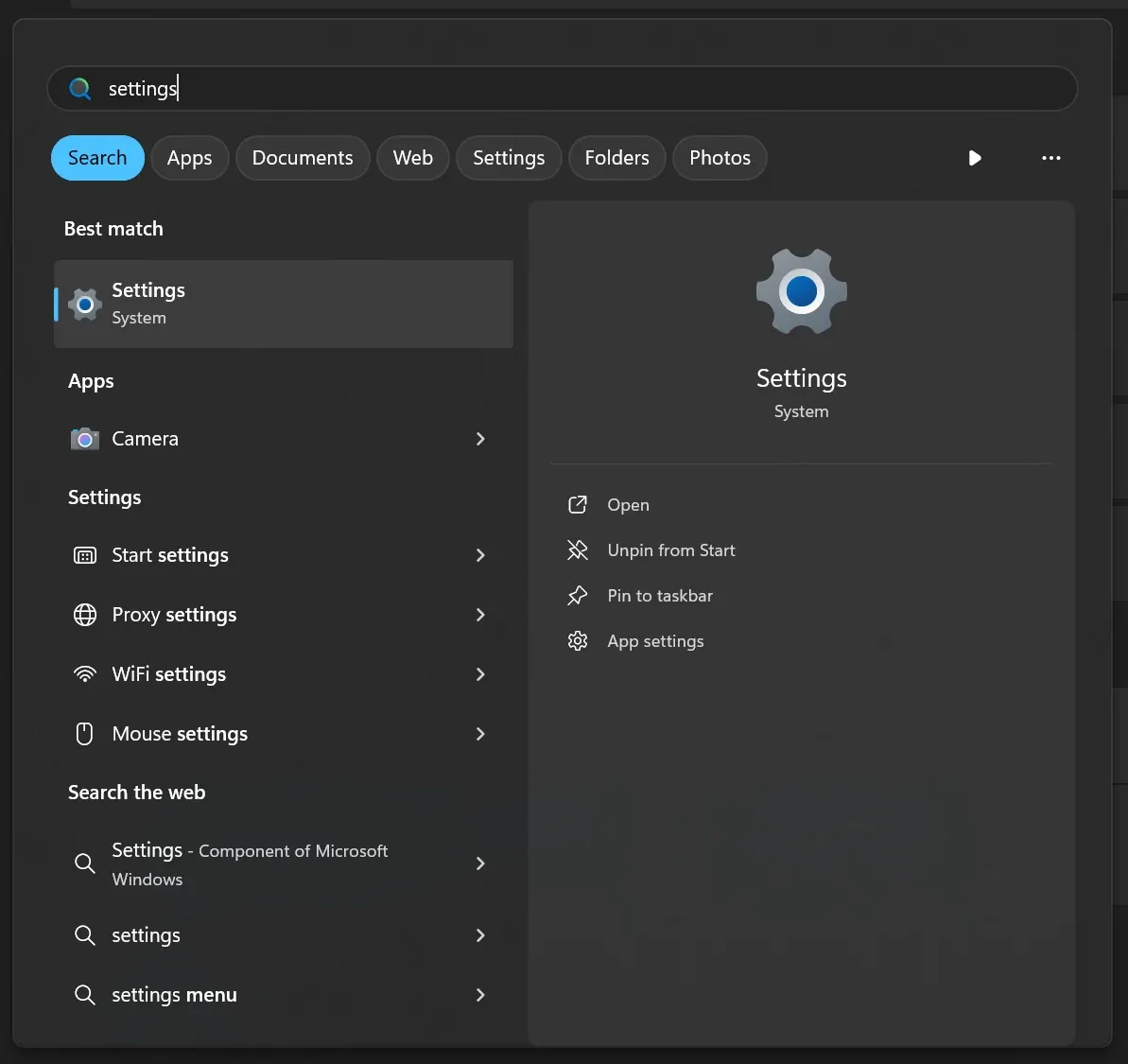 Windows Settings in the Start menu