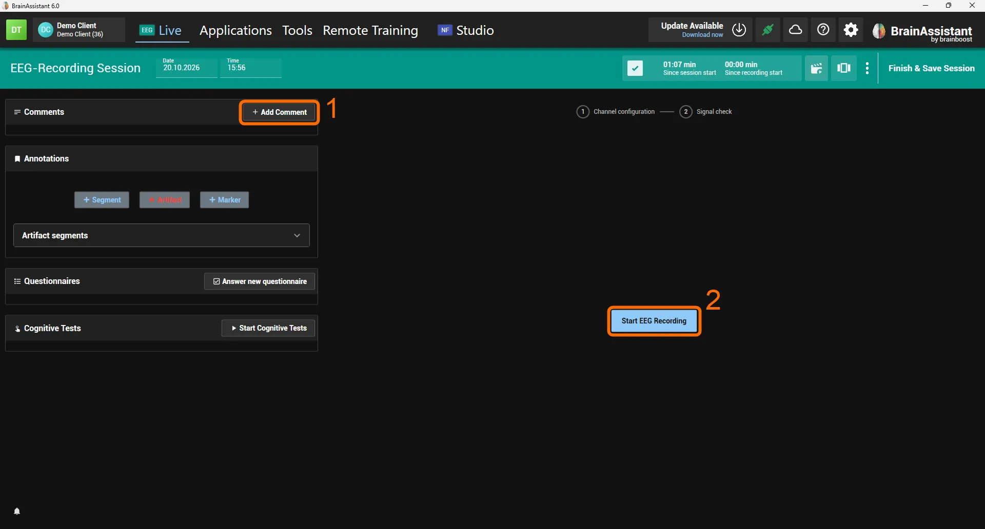 Add Comment and Start EEG Recording buttons