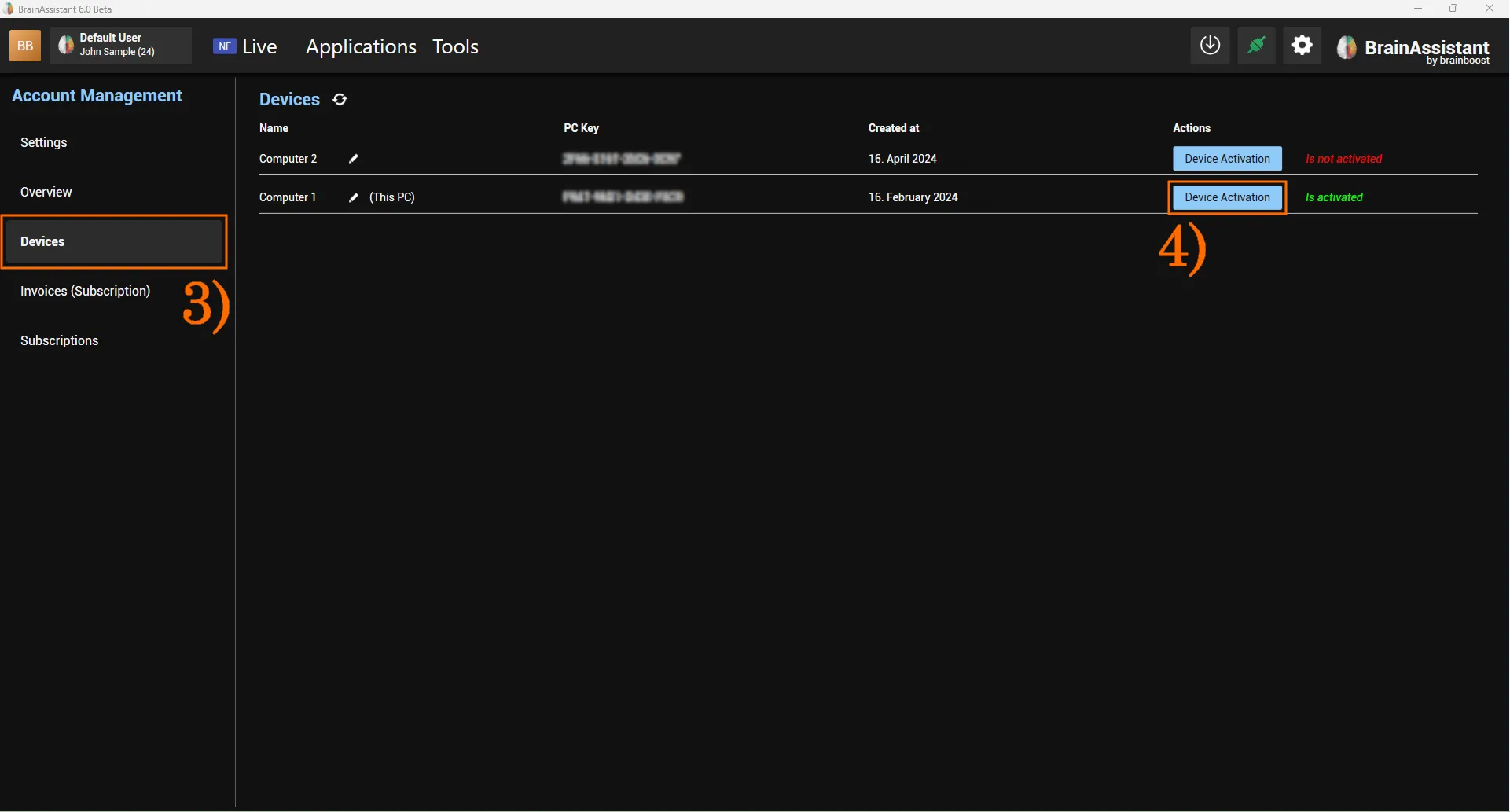 Devices tab with the Device Activation button