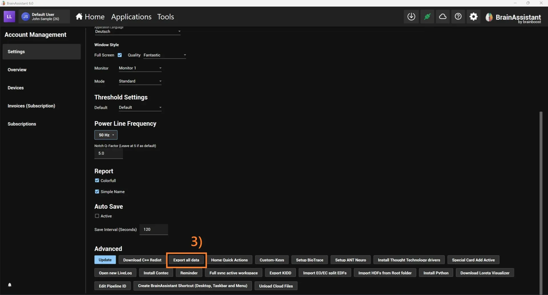 Export all data button in the Advanced settings