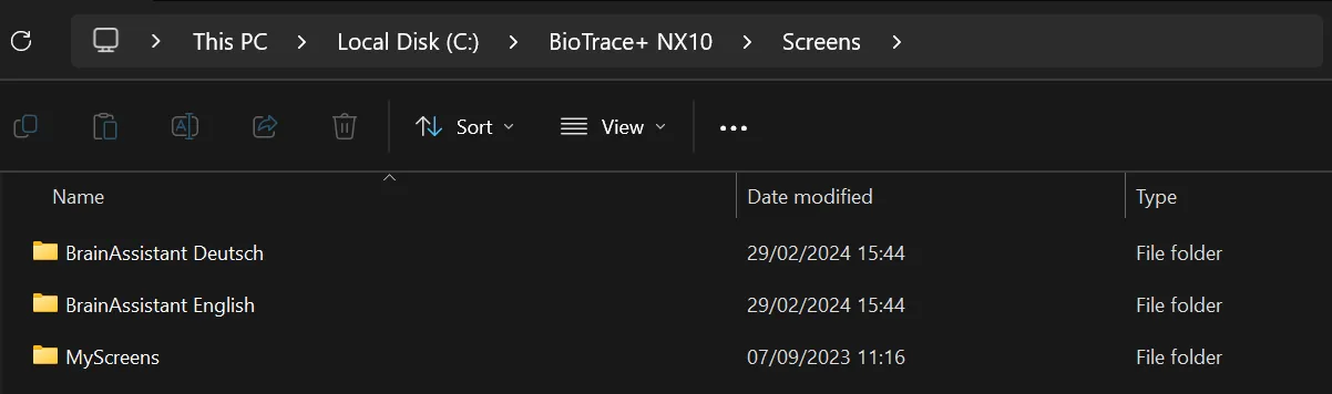 BrainAssistant screen folders inside the BioTrace Screens folder