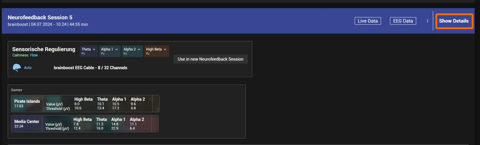 Session list with the Show Details button