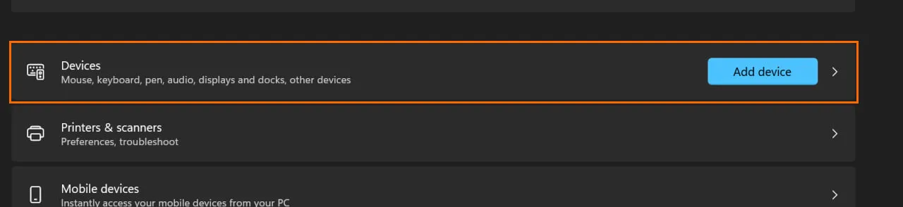 Devices entry under Bluetooth & devices