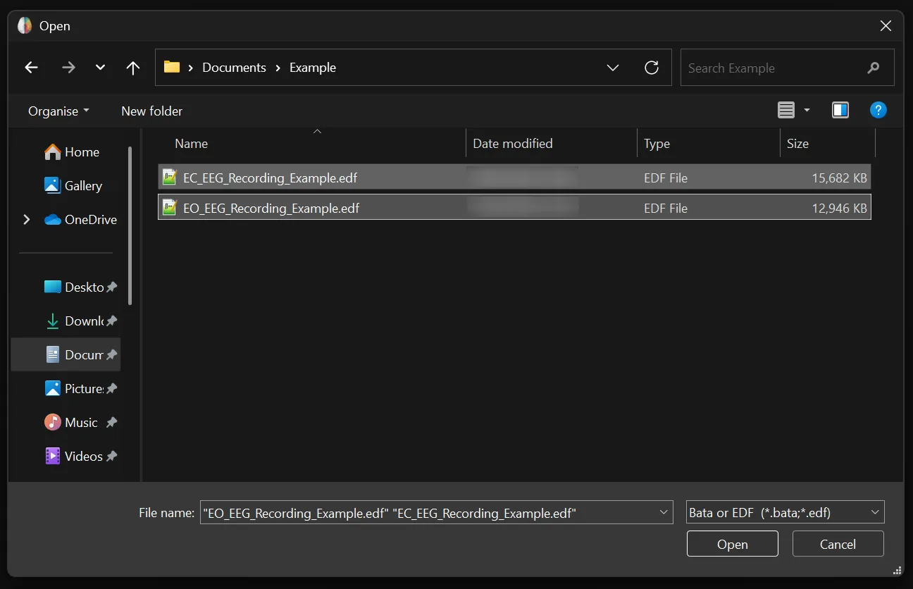Two EDF files selected in the file explorer