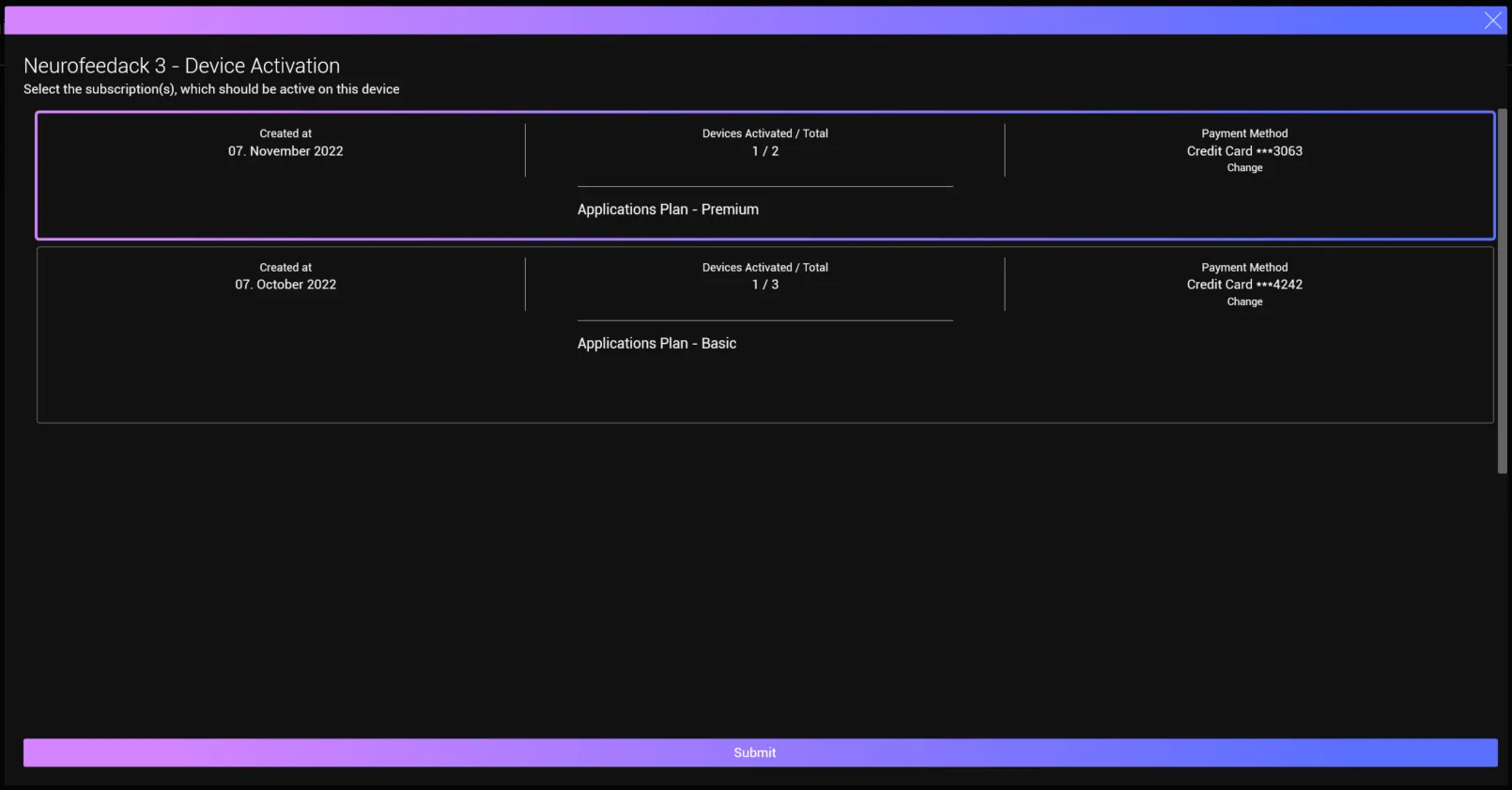 Overlay for selecting the subscriptions of a device