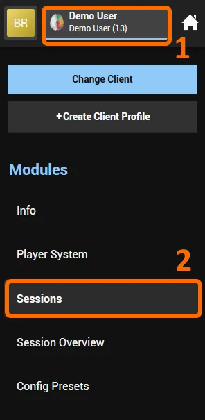 Sessions in the client menu