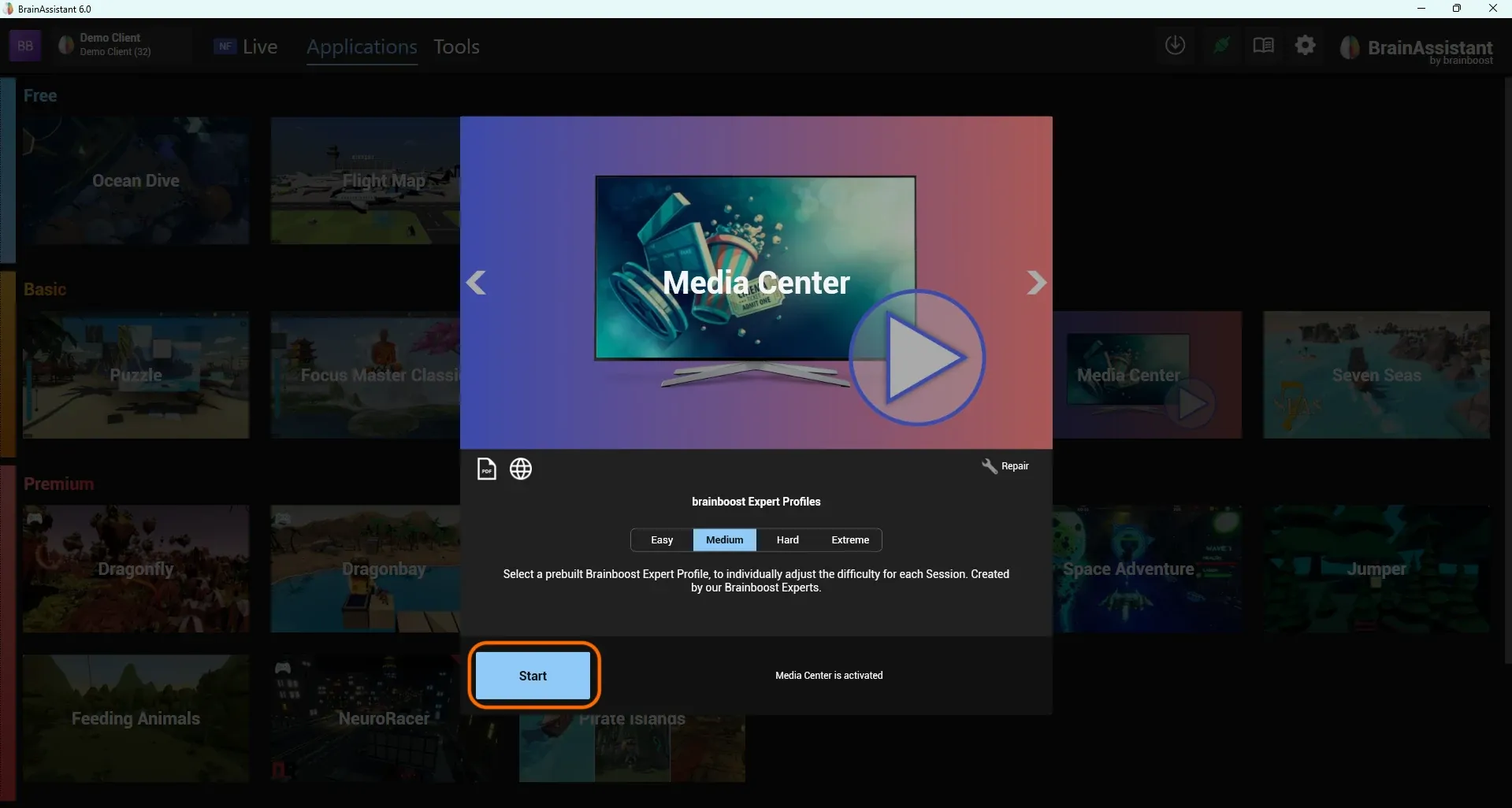 Media Center card with the Start button