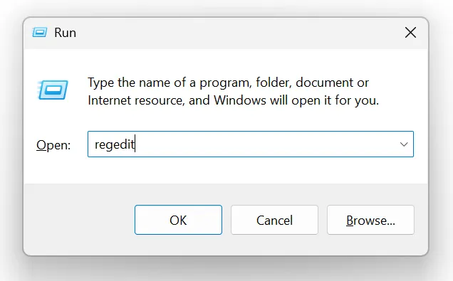 Run dialog with regedit