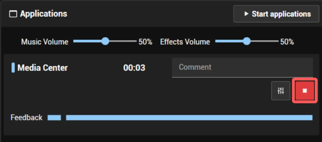 Media Center entry in the Applications panel with the red Stop button highlighted