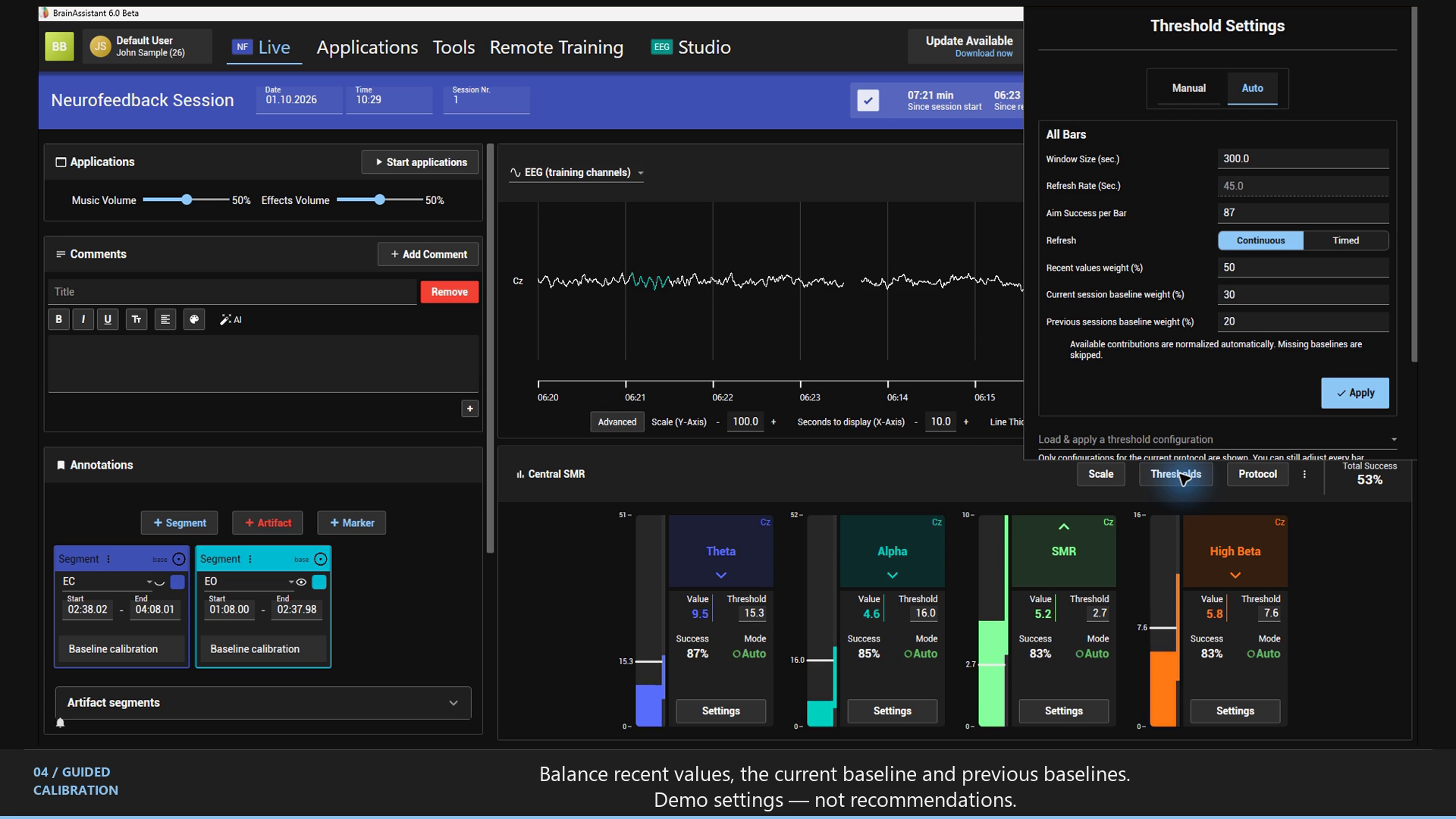 Global threshold settings alongside the live session, with separate weights for recent values, the current baseline and previous baselines.