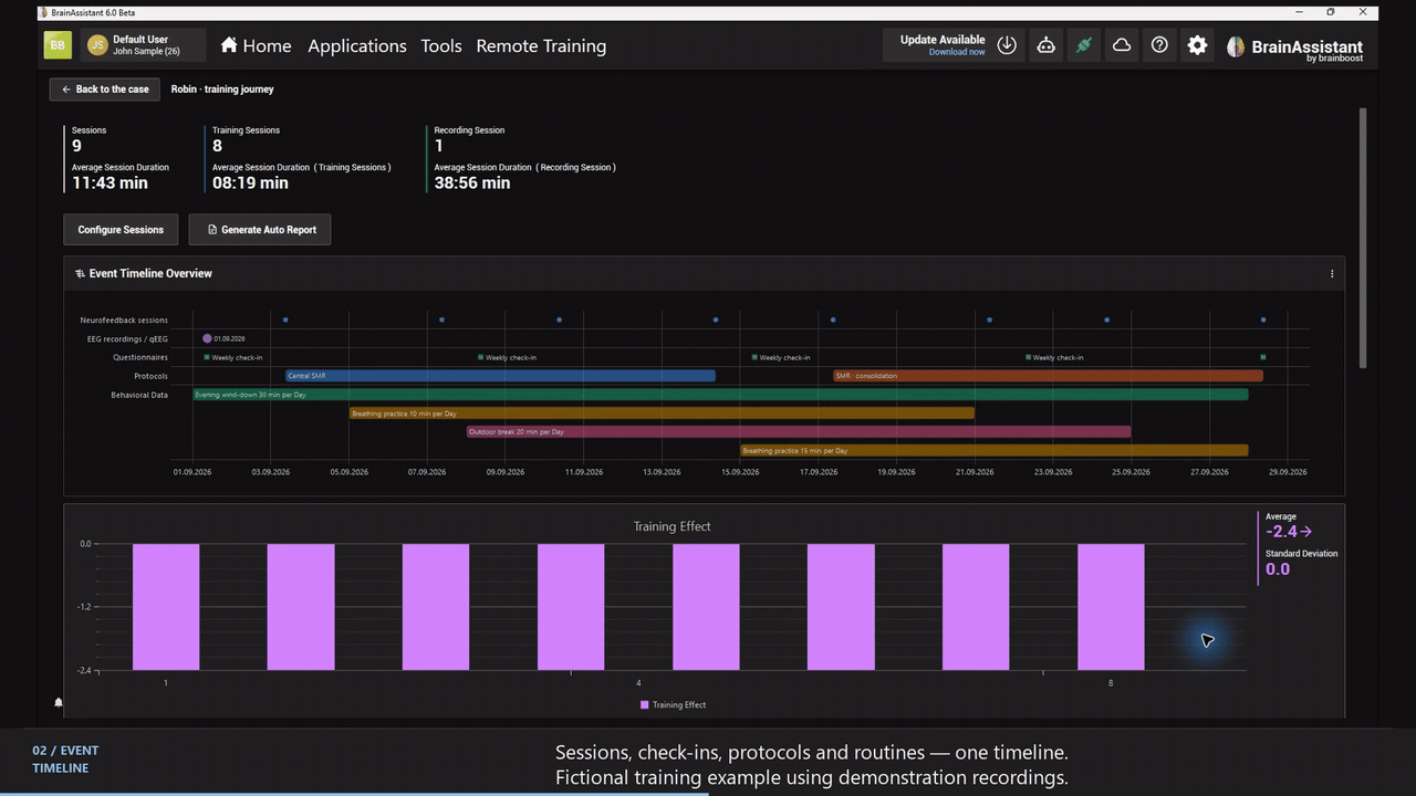 A fictional client timeline showing sessions, weekly check-ins and overlapping routines, with options for tracks, compact mode and period.